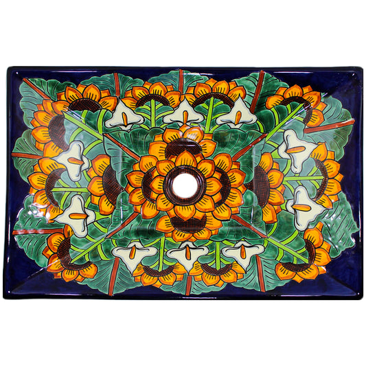 TALAVERA VESSEL SINK RECTANGLE GIRASOL Y CALLA LILLIES AZUL COBALTO